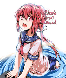 Rule 34 | 1girl, blue sailor collar, commentary request, hair ribbon, i-168 (kancolle), jacket, kantai collection, koshimaki tokage, long hair, neckerchief, one-hour drawing challenge, open clothes, open jacket, partially submerged, pink neckerchief, ponytail, red eyes, red hair, ribbon, sailor collar, sailor shirt, school swimsuit, school uniform, serafuku, shirt, simple background, solo, swimsuit, swimsuit under clothes, twitter username, water, white background