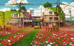 Rule 34 | abandoned, blue sky, building, chain-link fence, cloud, commentary request, day, dilapidated, fence, flower, highres, moss, no humans, original, outdoors, overgrown, pink flower, post-apocalypse, power lines, railroad tracks, red flower, ruins, rust, scenery, signature, sky, tokyogenso, train, utility pole, white flower