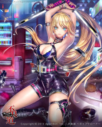 Rule 34 | 1girl, armband, armpits, arms up, baseball bat, blonde hair, blue eyes, boots, bra, bracelet, breasts, choker, cleavage, diamond (shape), earrings, facial mark, furyou michi ~gang road~, hat, high heel boots, high heels, jewelry, knee boots, knife, large breasts, long hair, lots of jewelry, official art, shadowgrave, solo, spikes, sword, underwear, vending machine, weapon