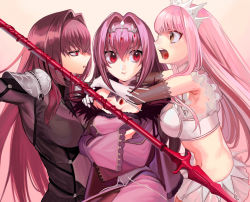 Rule 34 | 3girls, :o, :t, angry, armpits, asakou (n morninglight), bodysuit, brown eyes, crossed arms, dress, fate/grand order, fate (series), frills, gae bolg (fate), girl sandwich, gloves, hair intakes, highres, long hair, looking at another, medb (fate), medb (fate), midriff, multiple girls, open mouth, pink background, pink hair, pout, profile, purple bodysuit, purple dress, purple hair, red eyes, sandwiched, scathach (fate), scathach (fate), scathach skadi (fate), skirt, tiara, white gloves, white skirt