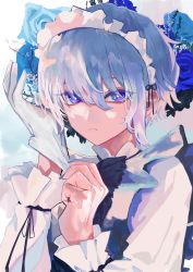 Rule 34 | 1girl, blue eyes, blue flower, blue nails, flower, gloves, hair between eyes, highres, long sleeves, looking at viewer, maid, maid headdress, nail polish, original, putting on gloves, rose, short hair, single glove, sion001250, solo, upper body, white gloves