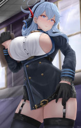 Rule 34 | 1girl, absurdres, ako (blue archive), archstreal, black gloves, black thighhighs, blue archive, blue eyes, blue hair, blush, breasts, closed mouth, cowboy shot, crossed bangs, garter straps, gloves, hair ornament, highres, large breasts, long hair, long sleeves, looking at viewer, sideboob, solo, thighhighs, thighs