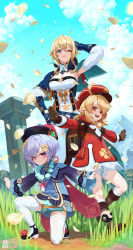 Rule 34 | 3girls, :d, absurdres, ahoge, arm behind head, armpits, backpack, bag, bead necklace, beads, belt, blonde hair, blue eyes, blue sky, blurry, boots, bow, braid, breasts, brown footwear, brown gloves, brown scarf, cabbie hat, cape, capelet, cleavage, cloud, cloudy sky, clover, clover print, coin hair ornament, commentary request, depth of field, elbow gloves, four-leaf clover, full body, genshin impact, gloves, hair between eyes, hair bow, hair ornament, hair ribbon, hat, hat feather, hat ornament, highres, jean (genshin impact), jewelry, jiangshi, klee (genshin impact), kneeling, light brown hair, long hair, long sleeves, looking at viewer, low ponytail, low twintails, monologue (tfrksg), multiple girls, necklace, ofuda, on one knee, open mouth, orb, outstretched arms, pants, parted lips, petals, pillar, pocket, pointy ears, ponytail, purple eyes, purple hair, qingdai guanmao, qiqi (genshin impact), randoseru, red eyes, ribbon, scarf, scratching head, sidelocks, single braid, sky, smile, spread arms, standing, standing on one leg, thigh boots, thighhighs, twintails, vision (genshin impact), white legwear, white pants, wind, yin yang, yin yang orb, zettai ryouiki