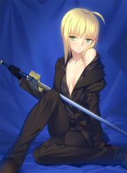 Rule 34 | 1girl, ahoge, artoria pendragon (fate), black gloves, blonde hair, blush, breasts, business suit, cleavage, excalibur (fate/stay night), fate/zero, fate (series), formal, gloves, green eyes, looking at viewer, off shoulder, open clothes, saber (fate), sitting, small breasts, solo, suit, sword, type-moon, weapon, yangsion