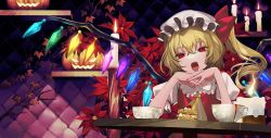 Rule 34 | 1girl, :d, ascot, banned artist, blonde hair, crystal, cup, flandre scarlet, food, harano, hat, hat ribbon, indoors, jack-o&#039;-lantern, looking at viewer, mob cap, open mouth, red eyes, red ribbon, ribbon, short hair, short sleeves, smile, solo, table, touhou, wings