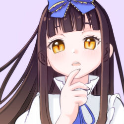 Rule 34 | 1girl, blue bow, blue ribbon, blunt bangs, bow, brown eyes, brown hair, close-up, commentary request, ears visible through hair, eyebrows hidden by hair, eyelashes, finger to own chin, fingernails, frilled bow, frills, grey background, guson, hair bow, hand up, highres, index finger raised, light blush, long hair, looking at viewer, orange eyes, parted lips, portrait, ribbon, sidelocks, simple background, slit pupils, solo, star sapphire, teeth, touhou, upper teeth only