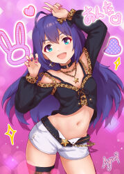 Rule 34 | 1girl, absurdres, ahoge, animal print, aqua eyes, black choker, black shirt, black thighhighs, breasts, check commentary, choker, commentary request, cowboy shot, earrings, hair between eyes, hands up, heart, highres, idolmaster, idolmaster million live!, idolmaster million live! theater days, jewelry, koaya, leopard print, long hair, long sleeves, looking at viewer, midriff, mochizuki anna, nail polish, navel, necklace, o-ring, o-ring choker, open mouth, pink background, pink nails, purple hair, shirt, short shorts, shorts, sidelocks, single thighhigh, small breasts, smile, solo, sparkle, star (symbol), star earrings, star necklace, teeth, thighhighs, thighs, upper teeth only, v, white shorts