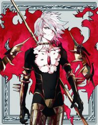 Rule 34 | 1boy, armor, black bodysuit, black gloves, blue eyes, bodysuit, chest jewel, closed mouth, collar, cowboy shot, crotch plate, ebanoniwa, fate/apocrypha, fate (series), gloves, grey hair, highres, holding, holding polearm, holding weapon, karna (fate), looking at viewer, male focus, medium hair, pale skin, polearm, solo, spiked collar, spikes, standing, weapon