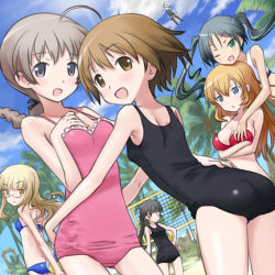 Rule 34 | 6+girls, :d, :o, ;d, ahoge, arms behind back, ass, back, ball, beach, beach volleyball, bikini, black hair, black one-piece swimsuit, blonde hair, blue bikini, blue eyes, blunt bangs, blush, braid, breast hold, breast suppress, breasts, brown eyes, brown hair, buntan, casual one-piece swimsuit, cat tail, charlotte e. yeager, cleavage, cloud, cowboy shot, crossed arms, day, dimples of venus, dutch angle, everyone, eyepatch, floating hair, flying, francesca lucchini, frilled swimsuit, frills, from side, glasses, grabbing, grabbing another&#039;s breast, grabbing from behind, green eyes, grey hair, hair between eyes, hair ribbon, hand on own hip, holding, holding ball, hug, leaning forward, long hair, looking at viewer, looking back, lowleg, lowleg bikini, lynette bishop, miyafuji yoshika, multiple girls, net, one-piece swimsuit, one eye closed, open mouth, orange hair, outdoors, outstretched arms, palm tree, perrine h. clostermann, pink one-piece swimsuit, playing sports, ponytail, red bikini, ribbon, sakamoto mio, sanya v. litvyak, school swimsuit, short hair, sideboob, single braid, sky, small breasts, smile, sports bikini, spread arms, standing, strike witches, striker unit, surprised, swimsuit, tail, tree, twintails, volleyball, volleyball (object), volleyball net, white bikini, white one-piece swimsuit, wide hips, wink, world witches series, yellow eyes, yuri
