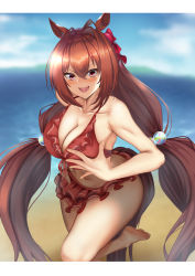 Rule 34 | 1girl, animal ears, bad id, bad pixiv id, bare shoulders, barefoot, beach, bikini, bikini skirt, blurry, blurry background, blush, breasts, brown hair, cleavage, collarbone, daiwa scarlet (summer suit) (umamusume), daiwa scarlet (trifle vacation) (umamusume), daiwa scarlet (umamusume), fang, frilled bikini, frills, hair between eyes, hair bobbles, hair intakes, hair ornament, hand on own chest, hand on own hip, highres, horse ears, horse girl, horse tail, large breasts, letterboxed, long hair, looking at viewer, low-tied long hair, navel, official alternate costume, open mouth, outdoors, red bikini, red eyes, red ribbon, ribbon, skin fang, smile, solo, standing, standing on one leg, swimsuit, tail, thighs, tsukareme, twintails, umamusume, very long hair