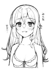 Rule 34 | 1girl, bare shoulders, bikini, blush, breast conscious, breasts, collarbone, commentary, cropped torso, crossed bangs, double-parted bangs, frilled bikini, frills, hair between eyes, hair ornament, hairclip, halterneck, kinoshita kaede, long hair, looking at viewer, monochrome, open mouth, sidelocks, simple background, sketch, small breasts, smile, solo, swimsuit, tenshi souzou re-boot!, tft (tft7822), translated, tsurime, white background