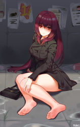Rule 34 | 1girl, absurdres, bag, barefoot, black jacket, breasts, buttons, fate/grand order, fate (series), feet, handbag, heroic spirit traveling outfit, highres, jacket, large breasts, legs, long hair, long sleeves, looking at viewer, ninai, no shoes, parted lips, purple hair, red eyes, scathach (fate), scathach (traveling outfit) (fate), shaded face, sitting, soles, toes