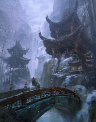 Rule 34 | 1boy, ambiguous gender, architecture, armor, bare tree, bridge, broken, broken bridge, commentary request, donkey, east asian architecture, facing away, fantasy, fog, hat, highres, marktal, mountain, original, pagoda, rice hat, riding, scenery, sky, snow, snowing, stairs, stone, tree, water wheel