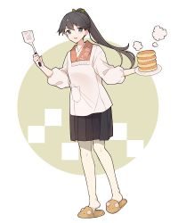 Rule 34 | 1girl, anchor print, animal slippers, apron, black skirt, blue eyes, blue hair, blush, brown footwear, eyebrows hidden by hair, floral print, food, full body, hair ribbon, holding, houshou (kancolle), kantai collection, kappougi, long hair, open mouth, pancake, plate, pleated skirt, pocket, ponytail, ribbon, shakemi (sake mgmgmg), simple background, skirt, slippers, solo, spatula, standing, steam