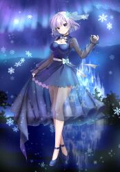 Rule 34 | 1girl, alternate costume, aurora, blue dress, blue eyes, blue footwear, bow, bowtie, breasts, building, cleavage, closed mouth, commentary request, dress, hair ornament, highres, ice, letty whiterock, looking at viewer, medium breasts, nail polish, night, night sky, reflection, see-through, see-through skirt layer, see-through sleeves, shironeko yuuki, short hair, skirt hold, sky, smile, snowflake hair ornament, snowflakes, solo, star (sky), touhou, tree, waist bow, water, white bow, white bowtie