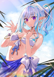 Rule 34 | 1girl, bandeau, bare shoulders, bikini, blue hair, bracelet, braid, braided ponytail, breasts, cleavage, closed mouth, cloud, cowboy shot, earrings, groin, highres, horizon, jewelry, kasumi komo, long hair, looking at viewer, medium breasts, multicolored hair, navel, o-ring, o-ring top, original, outdoors, pointy ears, ponytail, purple eyes, sarong, shell, shell earrings, sidelocks, smile, solo, spread fingers, strapless, strapless bikini, sunlight, swimsuit, two-tone hair, w, water, white bikini, white hair