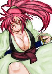 Rule 34 | 1girl, amputee, arc system works, baiken, breasts, cleavage, facial tattoo, guilty gear, ichigai (hayawossan), japanese clothes, katana, kimono, large breasts, long hair, obi, one-eyed, pink hair, red eyes, sash, scabbard, scar, scar across eye, scar on face, sheath, solo, sword, tattoo, unsheathing, weapon
