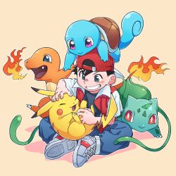 Rule 34 | 1boy, absurdres, baseball cap, black shirt, bulbasaur, charmander, commentary request, creatures (company), denim, fang, fire, flame-tipped tail, game freak, gen 1 pokemon, hands on another&#039;s head, hat, highres, jacket, jeans, looking at another, male focus, nintendo, on floor, pants, pikachu, pink background, pokemon, pokemon rgby, red (pokemon), red jacket, shell, shirt, shoes, short hair, short sleeves, simple background, sitting, squirtle, starter pokemon trio, teeth, tickling, tickling stomach, turtle, zumi mimimi