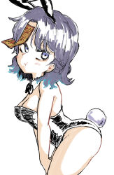 1girl :t alternate_costume animal_ears black_bow black_bowtie black_leotard blush bow bowtie closed_mouth collar commentary_request cowboy_shot detached_collar fake_animal_ears fake_tail highres jiangshi leaning_forward leotard looking_at_viewer looking_to_the_side miyako_yoshika ofuda parted_bangs playboy_bunny pout purple_eyes purple_hair rabbit_ears rabbit_tail shika_miso short_hair simple_background solo strapless strapless_leotard tail touhou white_background white_collar