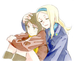 Rule 34 | 2girls, aleksandra i. pokryshkin, bandage on face, bandages, blonde hair, blue hairband, bomber jacket, brave witches, brown hair, brown jacket, buttons, closed eyes, closed mouth, comforting, crossed arms, eyebrows, frown, hairband, hand on another&#039;s head, headpat, jacket, kanno naoe, long hair, long sleeves, military, military uniform, multiple girls, open mouth, orange scarf, parted bangs, scarf, shiratama (hockey), short hair, simple background, sitting, traditional media, uniform, white background, world witches series, yellow eyes