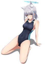 Rule 34 | 1girl, absurdres, animal ear fluff, animal ears, arm support, barefoot, black one-piece swimsuit, blue archive, blue eyes, competition swimsuit, cross hair ornament, extra ears, full body, grey hair, hair ornament, halo, highres, hiuyec, kneeling, looking at viewer, medium hair, mismatched pupils, multicolored clothes, multicolored swimsuit, one-piece swimsuit, shiroko (blue archive), shiroko (swimsuit) (blue archive), simple background, solo, swimsuit, white background