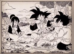 Rule 34 | 1girl, 2boys, :d, ^ ^, biting, black eyes, black hair, blanket, border, bush, chewing, chi-chi (dragon ball), chicken (food), chicken leg, china dress, chinese clothes, chopsticks, closed eyes, cloud, cloudy sky, commentary request, couple, dragon ball, dragonball z, dress, dumpling, eating, father and son, fenyon, food, full body, grass, hair bun, hetero, holding, holding chopsticks, holding food, holding plate, horizon, monochrome, mother and son, mountain, mountainous horizon, multiple boys, nature, open mouth, outdoors, picnic, plate, profile, seiza, single hair bun, sitting, sky, smile, son gohan, son goku, spiked hair, tree, twitter username, white border