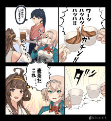 Rule 34 | 3girls, ahoge, black hakama, blonde hair, blue eyes, blue hair, breasts, brown hair, closed eyes, closed mouth, comic, commentary request, cup, double bun, drinking, hair bun, hakama, hakama skirt, high ponytail, highres, holding, holding cup, houshou (kancolle), japanese clothes, kantai collection, kimono, kongou (kancolle), long hair, looking at viewer, medium breasts, meme, misumi (niku-kyu), multiple girls, neta, nontraditional miko, open mouth, pro wrestling superstar retsuden, purple eyes, skirt, smile, tea, teacup, translation request, twitter username, very long hair, victorious (kancolle)