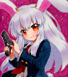 Rule 34 | 1girl, animal ears, bad id, bad pixiv id, blue jacket, blue sleeves, breasts, buttons, collar, collared shirt, eyes visible through hair, finger on trigger, gun, hair between eyes, hands up, jacket, long hair, long sleeves, looking at viewer, medium breasts, multicolored eyes, necktie, open clothes, open jacket, open mouth, orange eyes, pink background, purple hair, qqqrinkappp, rabbit ears, rabbit tail, red eyes, red necktie, reisen udongein inaba, shikishi, shirt, simple background, smile, solo, tail, touhou, traditional media, weapon, white shirt, white sleeves, wing collar, yellow eyes