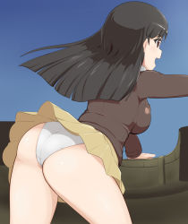 Rule 34 | 1girl, ass, black hair, blush, breasts, brown eyes, chi-hatan military uniform, from behind, girls und panzer, large breasts, long hair, microskirt, military, military uniform, nikku (nzaf5832), nishi kinuyo, open mouth, outdoors, panties, shiny clothes, skirt, sky, solo, underwear, uniform, white panties, yellow skirt