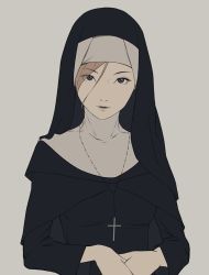 Rule 34 | 1girl, blue eyes, breasts, closed mouth, commentary, cross, dress, english commentary, habit, jewelry, long hair, looking at viewer, miura-n315, necklace, nun, original, simple background, solo, traditional nun