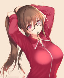 Rule 34 | 1girl, breasts, brown hair, glasses, hair tie, highres, jacket, jersey, kashiwamochi yomogi, large breasts, long hair, long sleeves, looking at viewer, mouth hold, original, ponytail, red eyes, solo, track jacket, track suit, upturned eyes