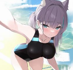 Rule 34 | 1girl, animal ear fluff, animal ears, black one-piece swimsuit, blue archive, blue eyes, blush, breasts, competition swimsuit, cross, cross hair ornament, darudana, earrings, extra ears, grey hair, hair ornament, highleg, highleg swimsuit, highres, inverted cross, jewelry, leaning forward, low ponytail, medium breasts, mismatched pupils, multicolored clothes, multicolored swimsuit, ocean, official alternate costume, one-piece swimsuit, ponytail, selfie, shiroko (blue archive), shiroko (swimsuit) (blue archive), smile, solo, stud earrings, swimsuit, two-tone swimsuit, waves