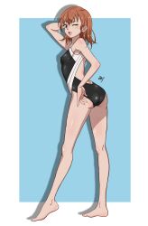 Rule 34 | 1girl, 2023, 20s, arm behind head, ass, bare back, bare legs, bare shoulders, barefoot, blush, breasts, brown eyes, brown hair, female focus, from side, full body, highres, looking at viewer, matching hair/eyes, misaka mikoto, nashdnash2007, one-piece swimsuit, one eye closed, open mouth, school swimsuit, short hair, sideboob, signature, small breasts, smile, solo, standing, swimsuit, toaru kagaku no railgun, toaru majutsu no index, tokiwadai school swimsuit, wink