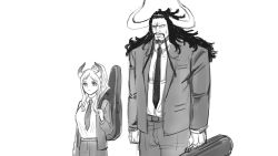 Rule 34 | 1boy, 1girl, artist request, beard, black hair, dark skin, expressionless, facial hair, father and daughter, formal, highres, horns, kaidou (one piece), long hair, looking to the side, monochrome, mustache, one piece, ponytail, serious, simple background, size difference, standing, yamato (one piece)