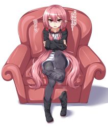 Rule 34 | 1girl, absurdres, armchair, black pantyhose, boots, chair, crossed arms, feet, highres, krul tepes, kyuutou (kyuutouryuu), long hair, looking at viewer, open mouth, owari no seraph, panties, pantyhose, pantyshot, pink eyes, pink hair, pointy ears, shoes, sitting, smell, solo, steam, toes, translated, underwear, unworn boots, unworn shoes, very long hair, white background