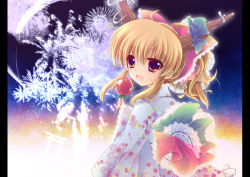 Rule 34 | 1girl, ahoge, alternate hairstyle, blonde hair, bow, candy, candy apple, contemporary, enjoy mix, fang, female focus, fireworks, food, frills, fruit, gradient eyes, hair bow, horns, ibuki suika, japanese clothes, kimono, long sleeves, looking at viewer, md5 mismatch, multicolored eyes, night, open mouth, ponytail, resolution mismatch, solo, source larger, touhou, wide sleeves