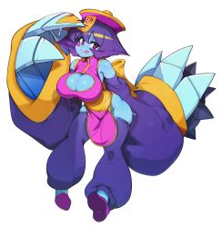 Rule 34 | 1girl, :p, absurdres, blue skin, blue sleeves, blue thighhighs, blush stickers, breasts, cleavage, cleavage cutout, clothing cutout, colored skin, commentary, full body, hat, highres, jiangshi, large breasts, lei lei, looking at viewer, ofuda, purple footwear, purple hair, qingdai guanmao, red eyes, shoes, short hair, simple background, slugbox, solo, symbol-only commentary, thighhighs, thighs, tongue, tongue out, vampire (game), white background, wide sleeves