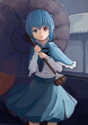 Rule 34 | 1girl, bad id, bad pixiv id, blue eyes, blue hair, capelet, chestnut mouth, commentary request, heterochromia, karakasa obake, long sleeves, matching hair/eyes, open mouth, red eyes, short hair, solo, tatara kogasa, tongue, touhou, triangle mouth, umbrella, winter clothes, yukitourou