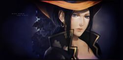 Rule 34 | 1girl, bad id, bad pixiv id, black hair, blue eyes, character name, copyright name, earrings, felice, hat, jewelry, lips, long hair, nico robin, one piece, one piece film: z, realistic, solo
