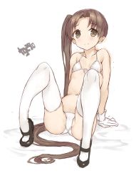 Rule 34 | 1girl, arm support, artist name, ayanami (kancolle), bad id, bad twitter id, bikini, black footwear, brown eyes, brown hair, flat chest, gloves, kantai collection, long hair, nagasioo, side ponytail, simple background, sitting, solo, spread legs, swimsuit, thighhighs, white background, white bikini, white gloves, white thighhighs