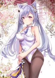 Rule 34 | 1girl, bare shoulders, braid, breasts, brown pantyhose, closed mouth, collarbone, commentary request, cone hair bun, covered collarbone, flower, genshin impact, grey hair, hair bun, hair flower, hair ornament, highres, keqing (genshin impact), leotard, long hair, looking at viewer, medium breasts, mutang, pantyhose, red eyes, solo, standing, thighband pantyhose, twintails, very long hair, white flower, white leotard