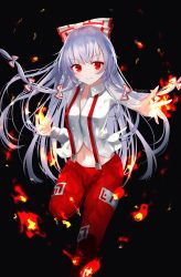 Rule 34 | 1girl, arms up, black background, commentary request, cropped legs, embers, fire, flaming hand, fujiwara no mokou, hair between eyes, hair ribbon, long hair, long sleeves, looking at viewer, midriff, navel, ofuda, outstretched hand, pants, red eyes, red pants, ribbon, sakizaki saki-p, shirt, sidelocks, silver hair, smile, solo, standing, standing on one leg, suspenders, touhou, tress ribbon, twitter username, very long hair, white shirt
