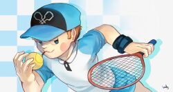 Rule 34 | 1boy, alternate costume, alternate eye color, artist name, ball, baseball cap, blue eyes, blue hat, blue shorts, blue sleeves, blue wristband, blush stickers, brown hair, buttons, checkered background, collared shirt, commentary, cowboy shot, danganronpa (series), danganronpa v3: killing harmony, drop shadow, food in mouth, gradient background, half-closed eyes, hat, highres, holding, holding ball, holding tennis racket, hoshi ryoma, loiodg, looking to the side, male focus, parted lips, pocket, shirt, short hair, short shorts, short sleeves, shorts, simple background, smile, solo, sportswear, tennis ball, tennis uniform, white background, white shirt