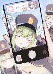 Rule 34 | absurdres, black jacket, blue archive, blush, cellphone, closed eyes, closed mouth, commentary request, demon tail, doodle sensei (blue archive), fang, gloves, green hair, green halo, halo, hand to own mouth, hands up, hat, highres, hikari (blue archive), holding, holding phone, hoshino (blue archive), jacket, long hair, long sleeves, looking at viewer, mok4suke, multiple girls, nonomi (blue archive), nozomi (blue archive), open mouth, peaked cap, phone, pointy ears, sensei (blue archive), siblings, sisters, smartphone, smile, tail, triangle mouth, twins, white gloves, yellow eyes, yuuka (blue archive)