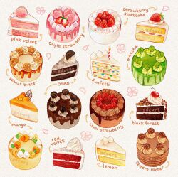 Rule 34 | arrow (symbol), artist name, black forest cake, cake, cake slice, candle, chocolate cake, clip studio paint (medium), cream, english text, food, food focus, fruit, lemon cake, no humans, original, red velvet cake, strawberry, strawberry cake, strawberry shortcake, white background, ydxart