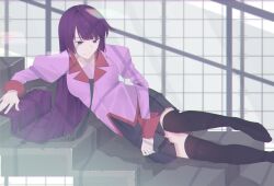 Rule 34 | 1girl, alternate eye color, arm support, arril100, bakemonogatari, black necktie, black skirt, black thighhighs, blurry, blurry background, breasts, closed mouth, collarbone, collared shirt, eyelashes, foot out of frame, high-waist skirt, highres, indoors, juliet sleeves, legs, long hair, long sleeves, lying, medium breasts, miniskirt, monogatari (series), naoetsu high school uniform, necktie, no shoes, on side, on stairs, pink shirt, pleated skirt, puffy sleeves, purple eyes, purple hair, school uniform, senjougahara hitagi, shadow, shirt, skirt, solo, thighhighs, very long hair