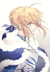 Rule 34 | 1girl, ahoge, armor, artoria pendragon (all), artoria pendragon (fate), blonde hair, blue bow, blue cloak, blue eyes, bow, braid, breastplate, cloak, closed mouth, commentary, eyebrows hidden by hair, fate/stay night, fate (series), fur-trimmed cloak, fur trim, gradient background, grey background, h sueun, hair between eyes, hair bow, profile, saber (fate), sidelocks, solo, symbol-only commentary, twitter username, upper body, white background
