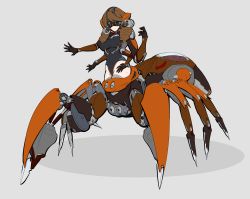 Rule 34 | 1girl, absurdres, amputee, arthropod girl, brown hair, bzurrf, cyborg, drill hair, extra arms, extra legs, goggles, highres, insect girl, leotard, long hair, md5 mismatch, mechanical arms, mechanical parts, one-piece swimsuit, prosthesis, resolution mismatch, robot, single mechanical arm, smile, solo, source smaller, spider girl, swimsuit, thighhighs, wire