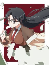 Rule 34 | 1girl, absurdres, black hair, blue eyes, border, breasts, coat, glasses, hair intakes, highres, holding, holding paper, large breasts, long hair, long sleeves, meme tesshin, messy hair, mouth hold, necktie, paper, parted bangs, read or die, red background, red necktie, simple background, solo, waistcoat, white border, yomiko readman