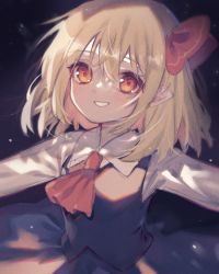 Rule 34 | 1girl, ascot, black background, black vest, blonde hair, hair ribbon, long sleeves, looking at viewer, outstretched arms, parted lips, red ascot, red eyes, red ribbon, ribbon, rumia, shirt, short hair, smile, solo, touhou, touya (konpekitou), upper body, vest, white shirt